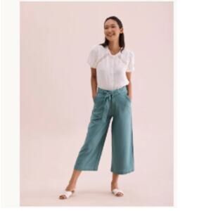 Go Colors Ocean Green Linen Culottes Wide Leg Crop Pants High Rise Size L